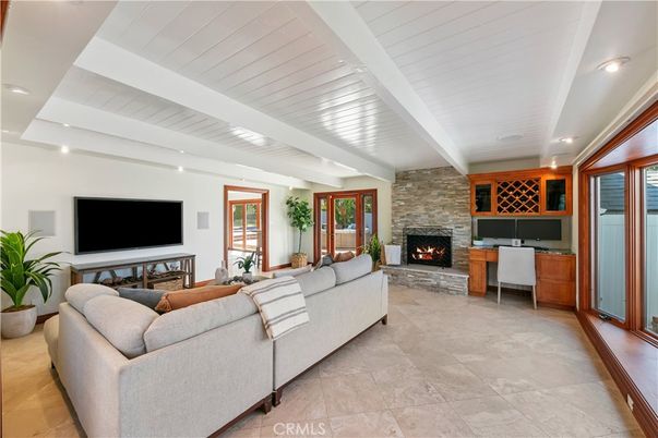 Fireplace, Interior, Living room, Recessed Lighting, Stone Walls