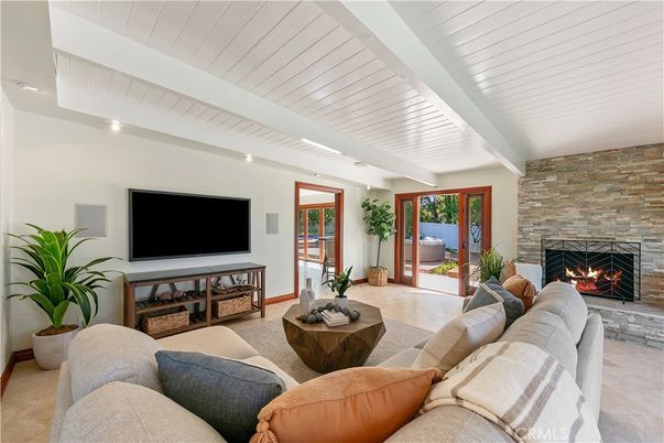 Fireplace, Interior, Living room, Recessed Lighting, Stone Walls