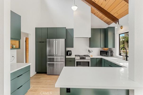 Interior, Kitchen, Pendant Lights, Stainless Steel Appliances, Wooden Beams, Wooden Ceilings, Wood Texture Flooring