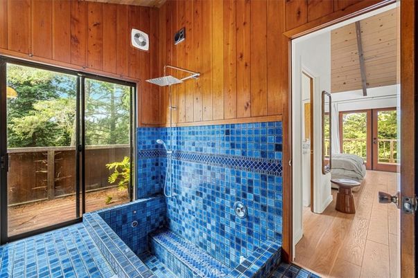 Bathroom, Glass Shower, Interior, Wood Texture Flooring, Wooden Walls