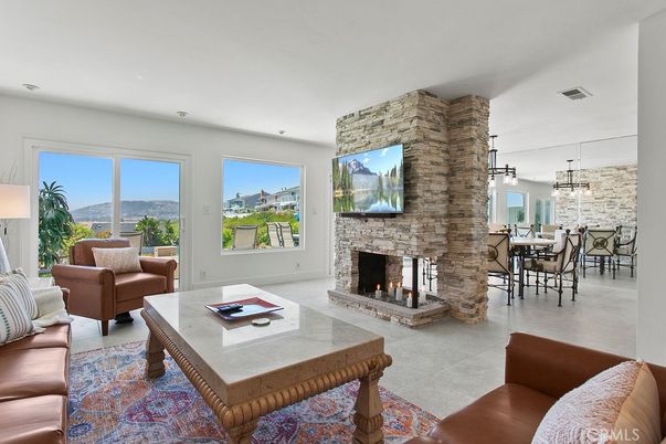 Dining room, Fireplace, Interior, Living room, Pendant Lights, Recessed Lighting, Stone Walls