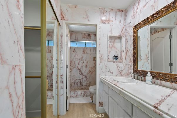 Bathroom, Interior, Marble Walls, Tile Countertops, Wood Texture Flooring