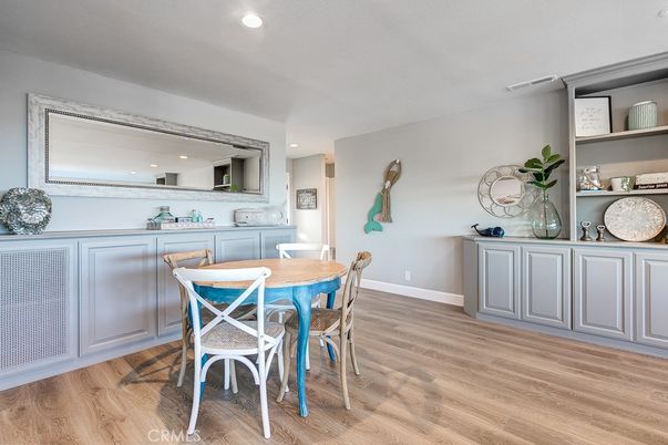 Dining room, Interior, Recessed Lighting, Wood Texture Flooring