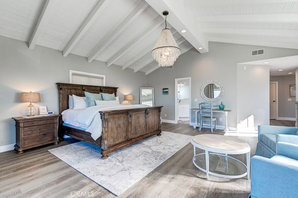 Bedroom, Chandelier, Interior, Recessed Lighting, Wood Texture Flooring