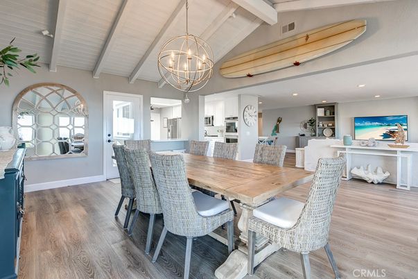 Chandelier, Dining room, Interior, Kitchen, Recessed Lighting, Wood Texture Flooring
