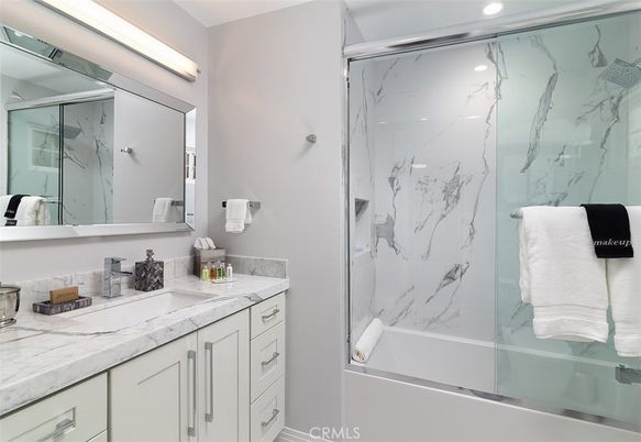 Bathroom, Glass Shower, Interior, Marble Walls, Recessed Lighting