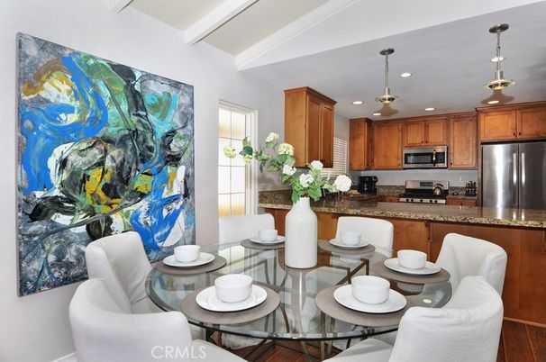 Dining room, Interior, Kitchen, Pendant Lights, Recessed Lighting, Stainless Steel Appliances, Wood Texture Flooring