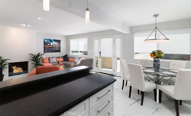 Dining room, Fireplace, Interior, Living room, Marble, Pendant Lights, Recessed Lighting
