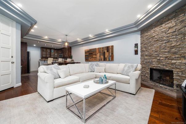 Fireplace, Interior, Kitchen, Living room, Pendant Lights, Recessed Lighting, Stone Walls, Wood Texture Flooring