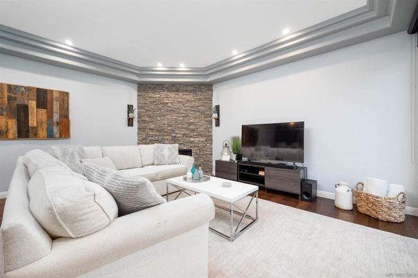 Interior, Living room, Recessed Lighting, Stone Walls, Wood Texture Flooring