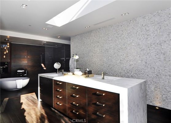 Bathroom, Dual Sink Vanities, Free Standing Baths, Interior, Recessed Lighting, Wood Texture Flooring