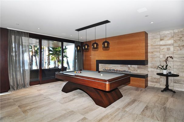 Billiard Table, Fireplace, Game Room, Interior, Pendant Lights, Recessed Lighting