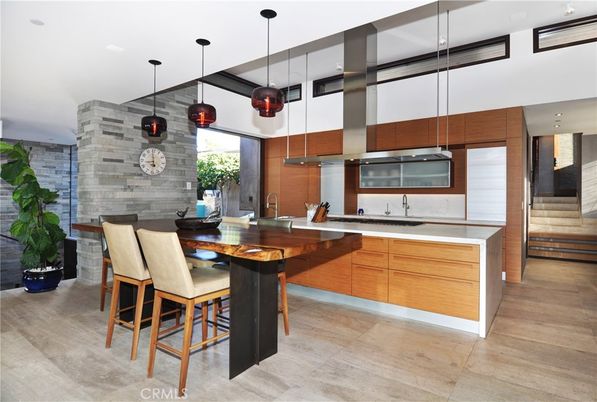 Dining room, Interior, Kitchen, Pendant Lights, Recessed Lighting, Stainless Steel Appliances, Stone Walls, Wood Texture Flooring