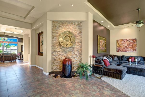 Interior, Living room, Recessed Lighting, Stone Walls