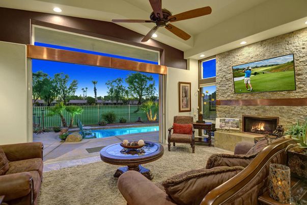 Fireplace, Interior, Living room, Recessed Lighting, Stone Walls