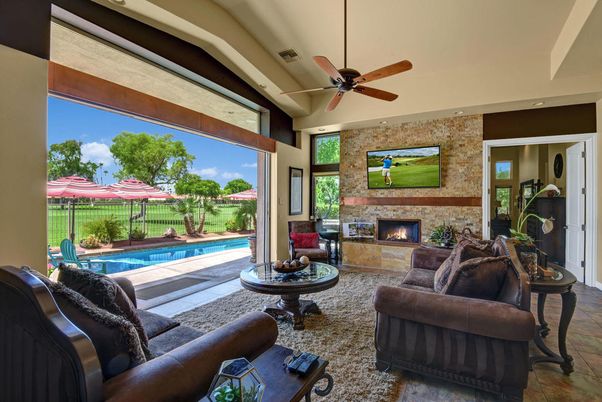 Fireplace, Interior, Living room, Recessed Lighting, Stone Walls