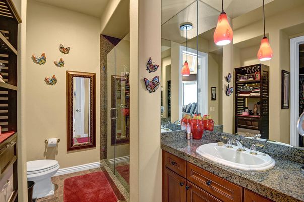 Bathroom, Glass Shower, Interior, Pendant Lights