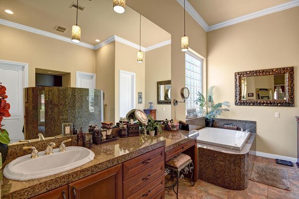 Bathroom, Dual Sink Vanities, Interior, Pendant Lights, Recessed Lighting