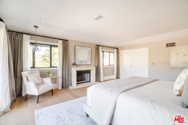 Bedroom, Fireplace, Interior, Pendant Lights, Wood Texture Flooring