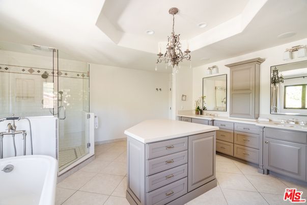 Bathroom, Chandelier, Dual Sink Vanities, Glass Shower, Interior, Recessed Lighting