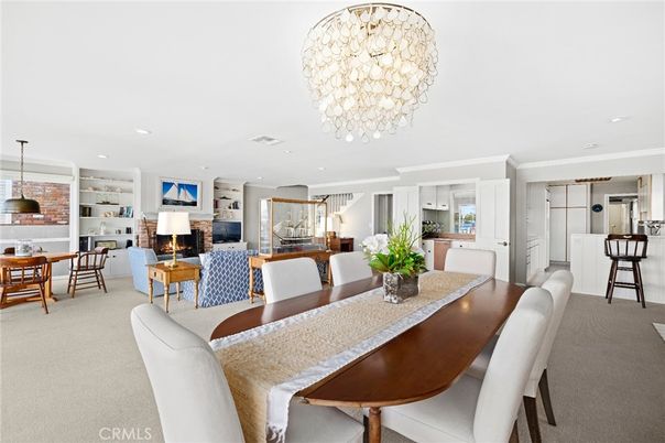 Chandelier, Dining room, Fireplace, Interior, Kitchen, Living room, Pendant Lights, Recessed Lighting