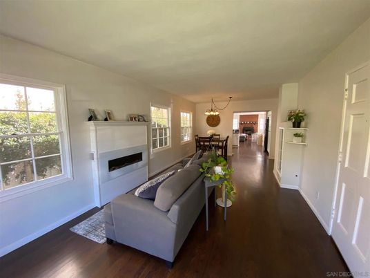 Dining room, Fireplace, Interior, Living room, Pendant Lights, Wood Texture Flooring