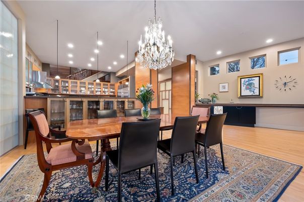 Chandelier, Dining room, Interior, Pendant Lights, Recessed Lighting, Wood Texture Flooring