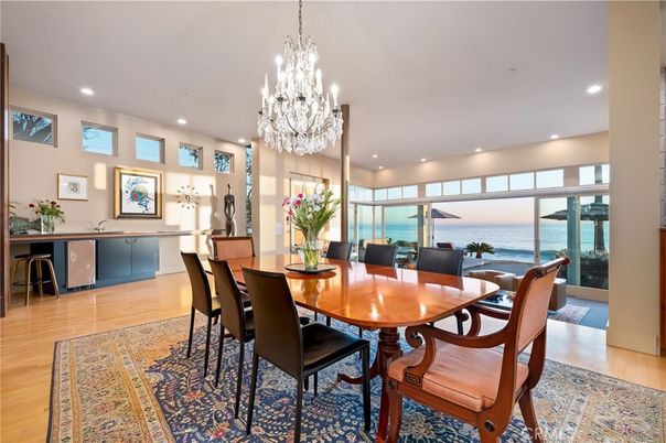 Chandelier, Dining room, Interior, Kitchen, Recessed Lighting, Water, Wood Texture Flooring