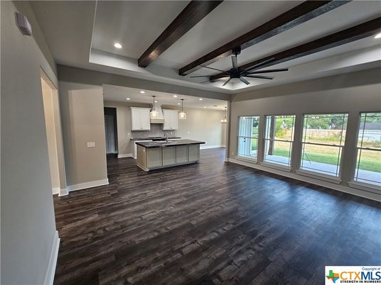 Interior, Kitchen, Pendant Lights, Recessed Lighting, Stainless Steel Appliances, Wooden Beams, Wood Texture Flooring