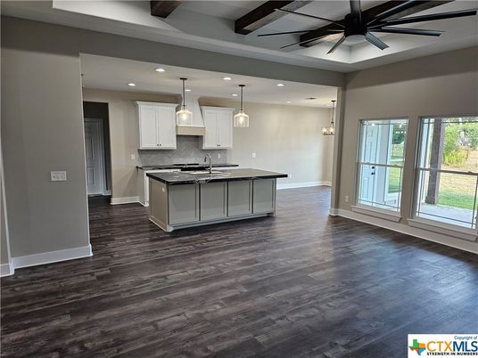 Interior, Kitchen, Pendant Lights, Recessed Lighting, Wooden Beams, Wood Texture Flooring