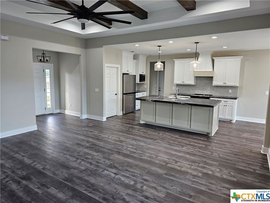 Interior, Kitchen, Pendant Lights, Recessed Lighting, Stainless Steel Appliances, Wooden Beams, Wood Texture Flooring