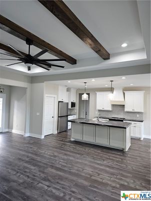 Interior, Kitchen, Pendant Lights, Recessed Lighting, Stainless Steel Appliances, Wooden Beams, Wood Texture Flooring