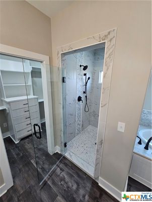 Bathroom, Glass Shower, Interior, Marble Walls, Wood Texture Flooring