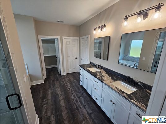 Bathroom, Dual Sink Vanities, Interior, Wood Texture Flooring