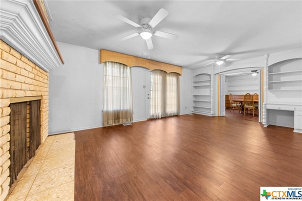 Dining room, Empty room, Fireplace, Interior, Wood Texture Flooring