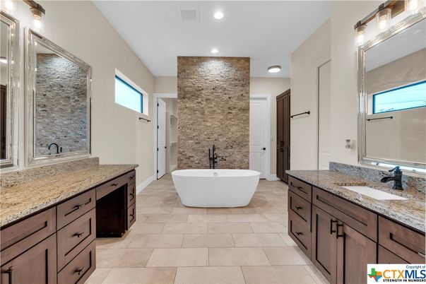 Bathroom, Dual Sink Vanities, Free Standing Baths, Interior, Recessed Lighting