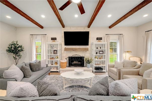Fireplace, Interior, Living room, Recessed Lighting, Wooden Beams, Wood Texture Flooring