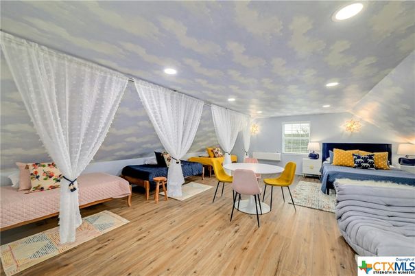 Bedroom, Dining room, Interior, Living room, Recessed Lighting, Wood Texture Flooring