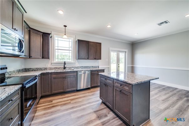 Interior, Kitchen, Pendant Lights, Recessed Lighting, Stainless Steel Appliances, Wood Texture Flooring
