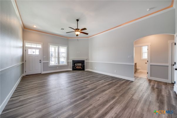 Empty room, Fireplace, Interior, Recessed Lighting, Wood Texture Flooring