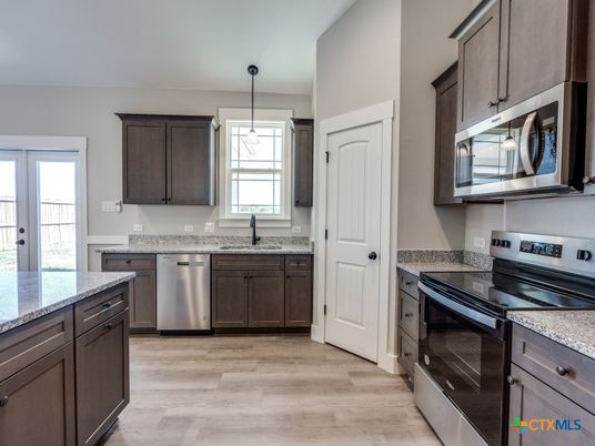 Interior, Kitchen, Pendant Lights, Stainless Steel Appliances, Wood Texture Flooring