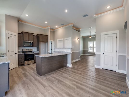 Interior, Kitchen, Pendant Lights, Recessed Lighting, Stainless Steel Appliances, Wood Texture Flooring