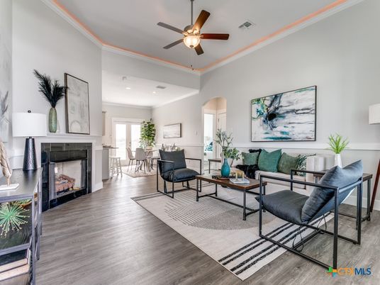 Dining room, Fireplace, Interior, Living room, Recessed Lighting, Wood Texture Flooring
