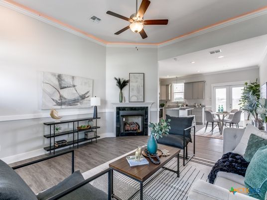 Dining room, Fireplace, Interior, Kitchen, Living room, Recessed Lighting, Wood Texture Flooring