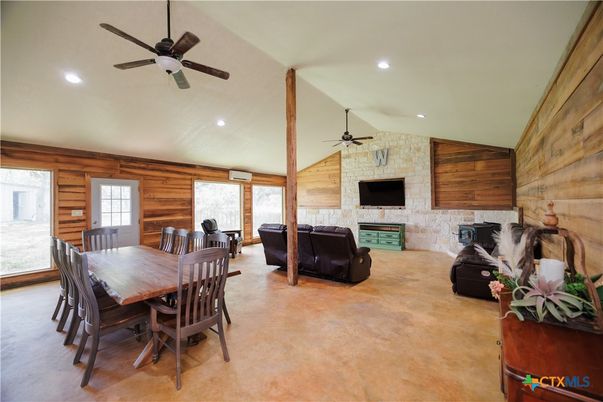 Dining room, Fireplace, Interior, Recessed Lighting, Stone Walls, Wooden Walls
