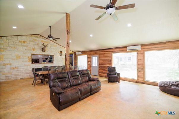 Dining room, Interior, Living room, Recessed Lighting, Stone Walls