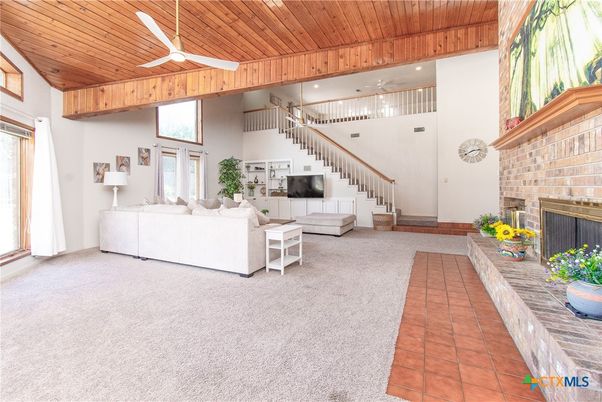 Fireplace, Interior, Living room, Recessed Lighting, Wooden Ceilings