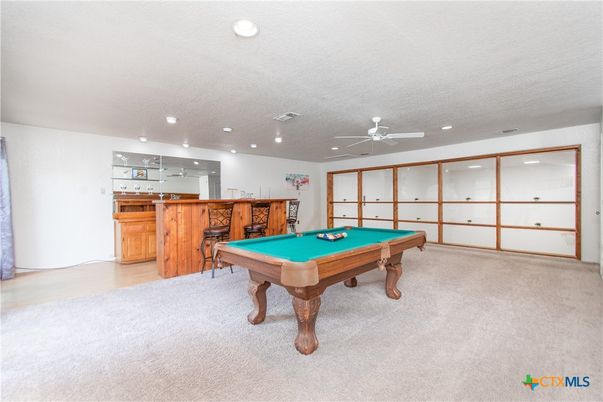 Billiard Table, Game Room, Interior, Recessed Lighting, Wood Texture Flooring