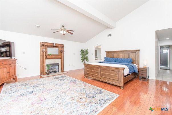 Bedroom, Fireplace, Interior, Wood Texture Flooring