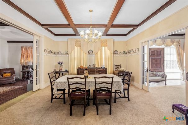 Chandelier, Dining room, Interior, Wooden Beams